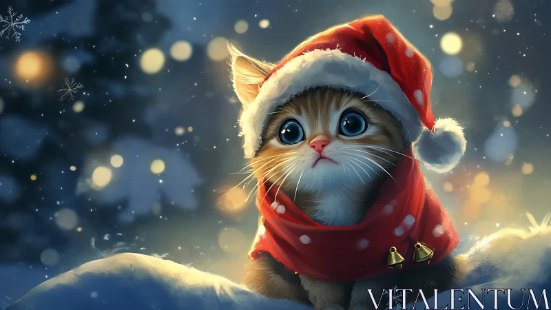Kitten in red Santa hat in soft snowy winter light.