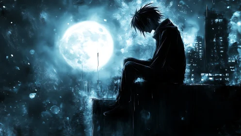 Moonlit rooftop solitude in a midnight blue cityscape.