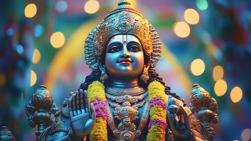 Regal Hindu deity statue glows amid vibrant festival lights