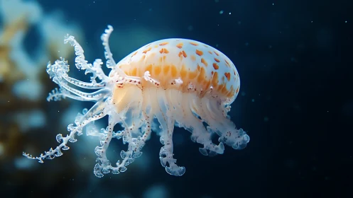 Spotted jellyfish drifts in sharp focus against dark water