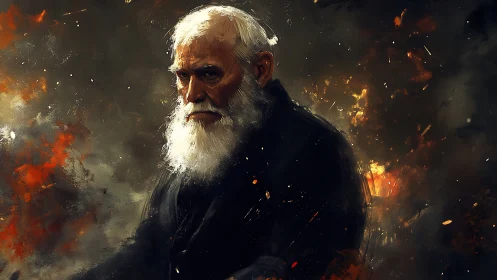 Elderly bearded man amid fiery abstract darkness portrait.