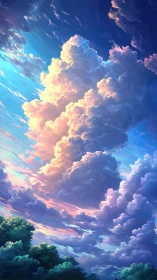 Sunlit Cumulus Spires Above Lush Twilight Forestscape.