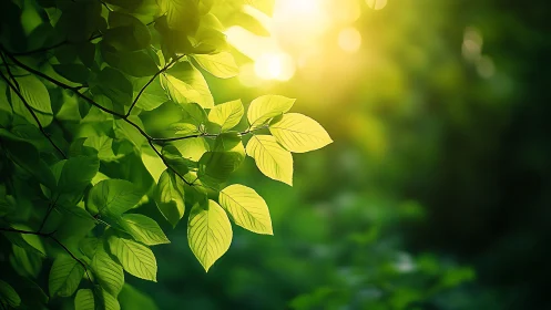 Sunlit Green Leaves in Soft Focus Nature Photography.