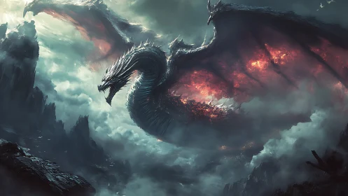 Inferno-winged worldbreaker soaring through storm-wracked skies.