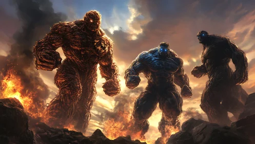 Elemental humanoid giants advancing through fire and smoke.