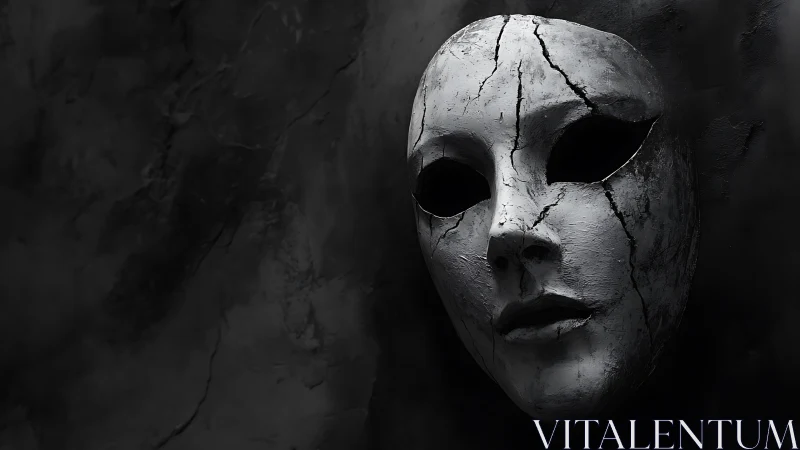 Cracked white theatrical mask in stark chiaroscuro lighting.
