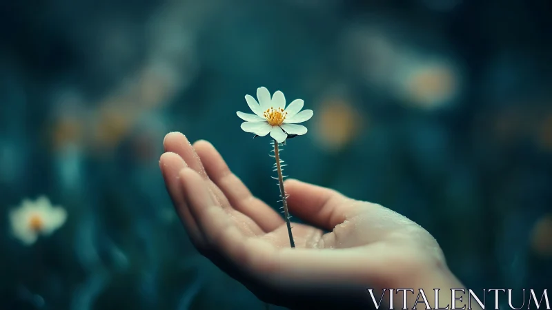Delicate White Flower Held in Open Palm Against Teal.