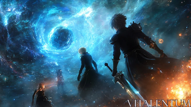 Sword-bearing drifters confront a roaring cosmic vortex of fate