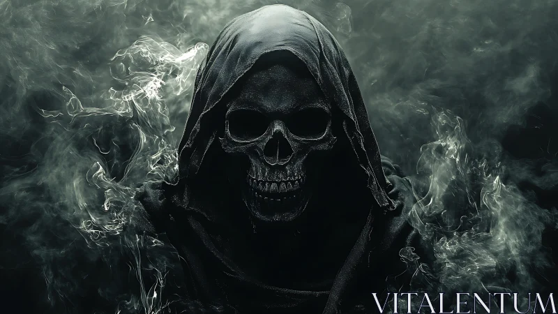 Mysterious hooded reaper rising through swirling smoke.