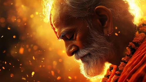 Elderly man in profile amid warm glowing particles.