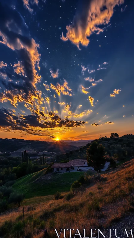 Photorealistic hillside sunset with cinematic sky gradients.