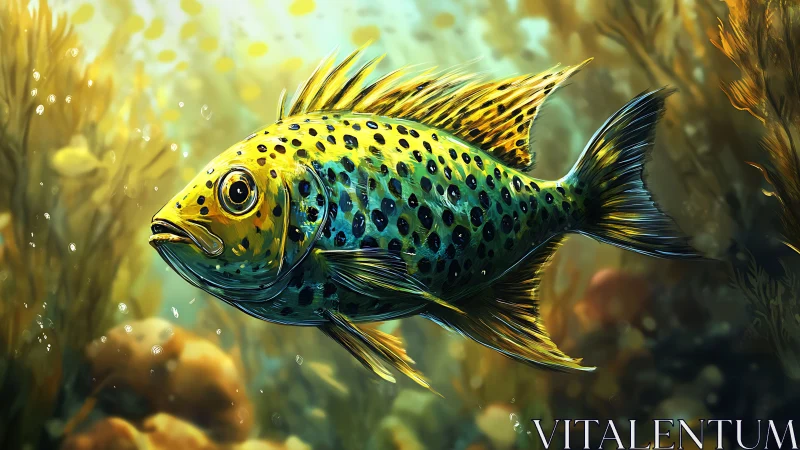 Spotted reef mischief fish gliding through kelp-lit gold.