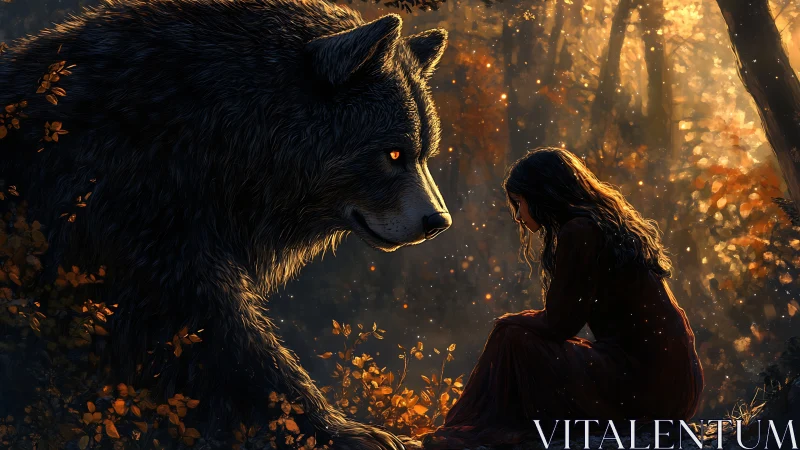 Girl and large wolf in autumn forest with backlit foliage.