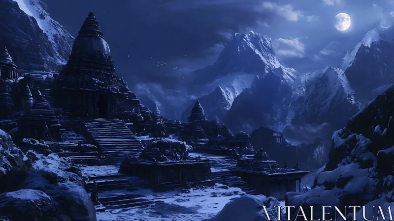 Moonlit Himalayan temple complex in deep cobalt snow. Period.