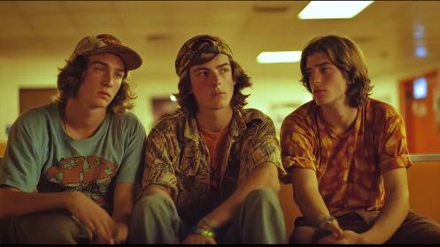 Triadic adolescent portrait under sodium vapor corridor lighting.