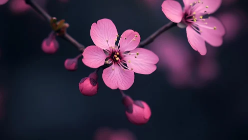 Pink Flower Petals with Anthers Against Dark Background.