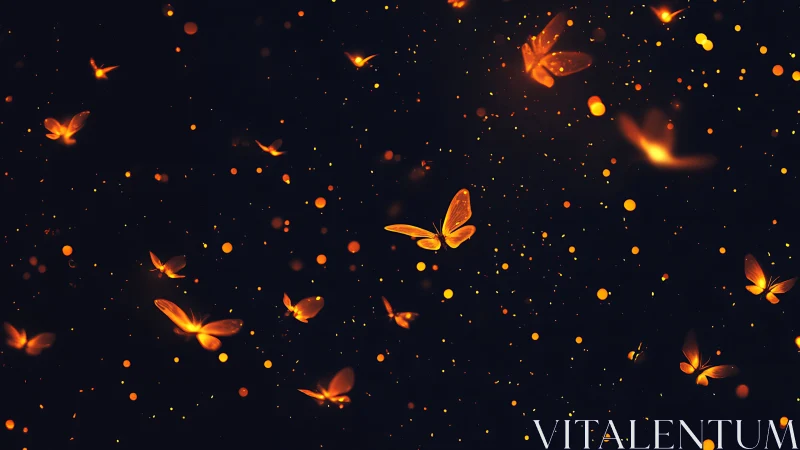 Glowing orange butterflies drift through dark luminous night