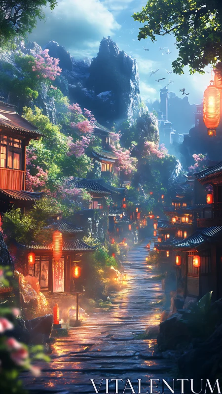 Mountain village street with lanterns at dusk in spring.