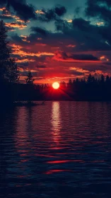 Crimson lake sunset with silhouetted treeline and clouds.