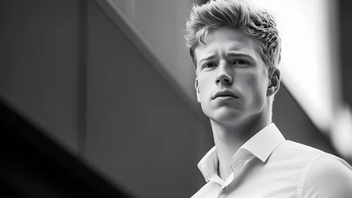 Strong gaze meets soft light in a modern city portrait