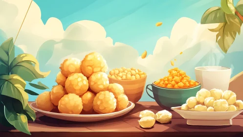 Sunny outdoor snack table with caramel popcorn clusters and puffs