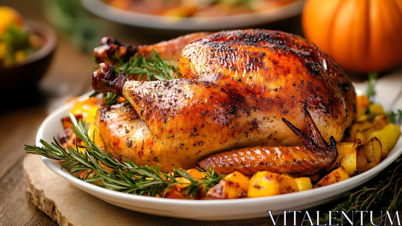 Roasted poultry with caramelized skin and herb-garnished root vegetable accompaniment on ceramic ser