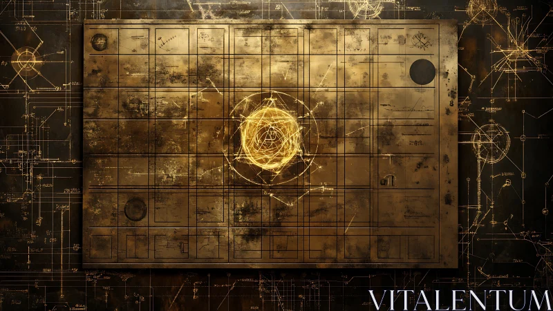 Golden alchemical grid with glowing geometric energy core.