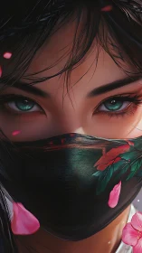 Emerald eyes whisper stories behind the painted silk mask