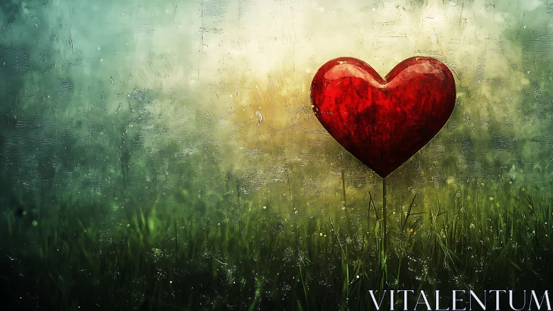 Red Heart Suspended Above Dewy Grass at Dawn