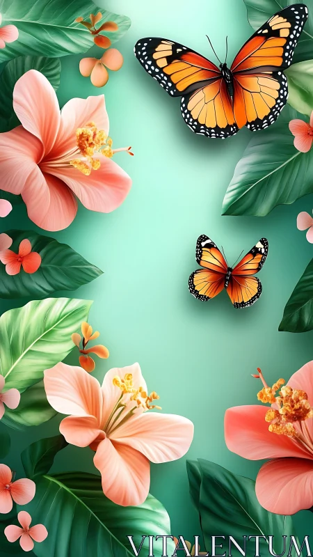 Monarch butterflies amid coral hibiscus on teal field.