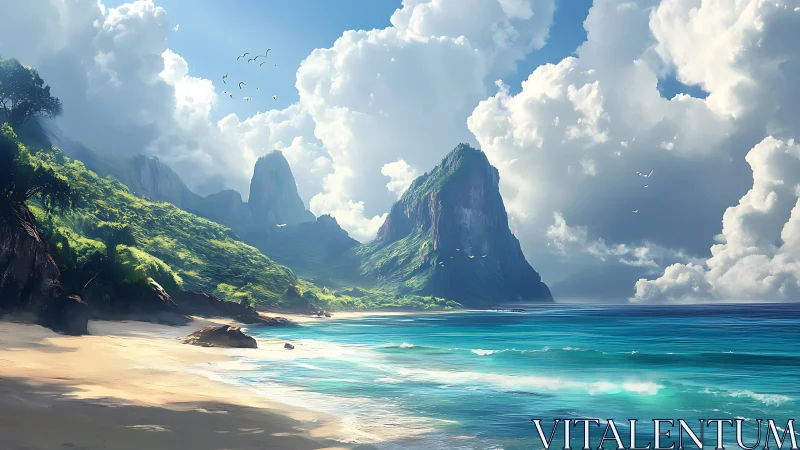 Tropical Paradise Beach: Towering Cliffs and Turquoise Waters.