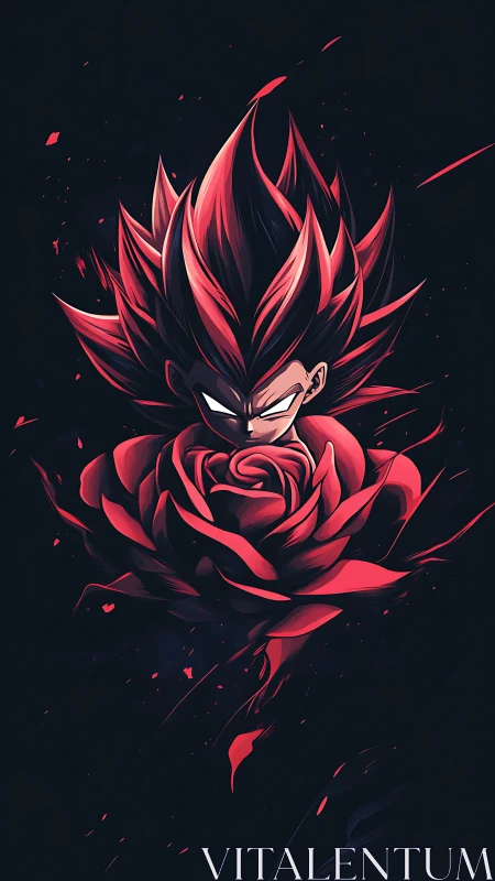 Stylized spiky-haired figure emerging from red rose form.