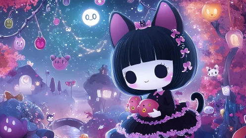 Anime nocturnal cat-girl in pastel gothic lantern village.