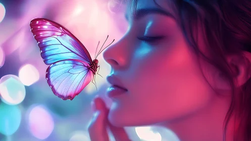 Neon-lit profile with iridescent butterfly in shallow focus.