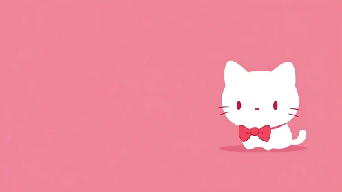 Sweet white kitten with pink bow on soft rosy backdrop.