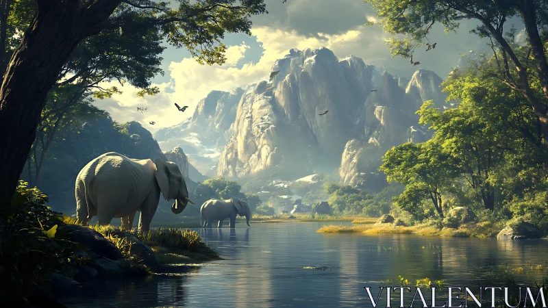 White elephants stand by reflective river before rocky mountains