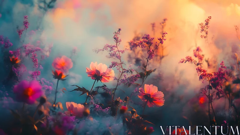 Flowers in atmospheric haze with warm and cool color gradients.