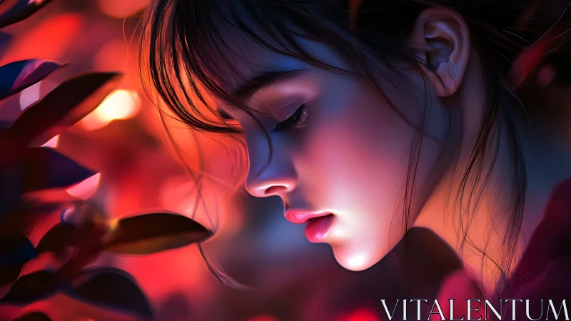 Neon dusk kisses a quiet profile wrapped in soft bokeh glow