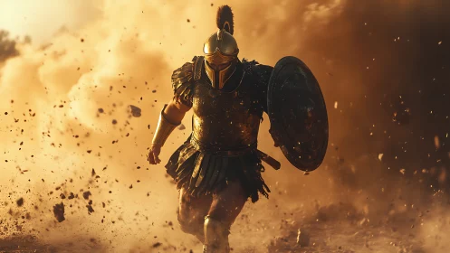 Resolute ancient warrior charging through golden dust.