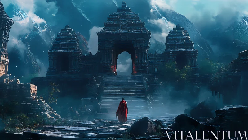 Solitary robed traveler before mist-shrouded mountain temple gate