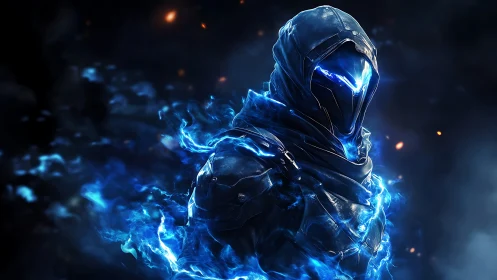 Hooded cyber warrior radiates blue plasma in dark void
