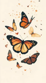 Monarch butterflies drift upward in a soft minimalist sky.