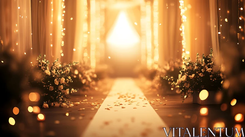 Golden wedding aisle with floral arrangements and lights.