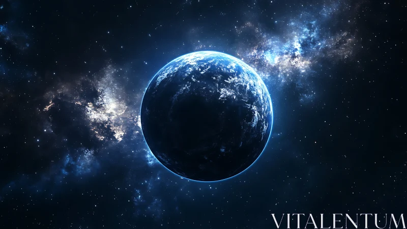 Luminous blue planet suspended in deep cosmic void.