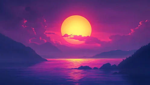 Neon dusk seascape with glowing sun over layered mountains.