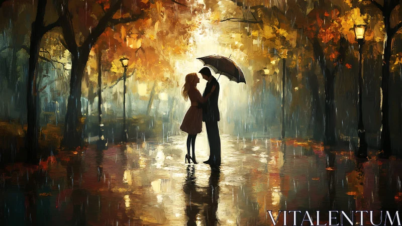 Couple Under Umbrella in Rain-Wet Urban Avenue.