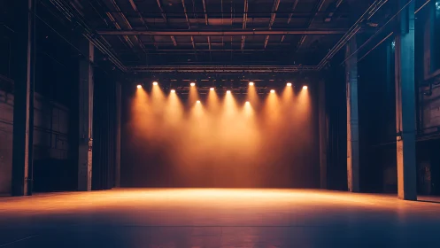 Empty industrial stage glows under dramatic warm spotlights.