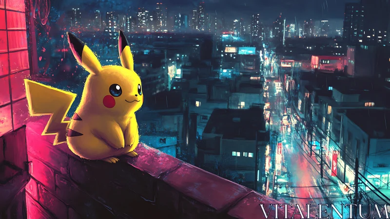 Pikachu watches neon cityscape under glowing night rain.