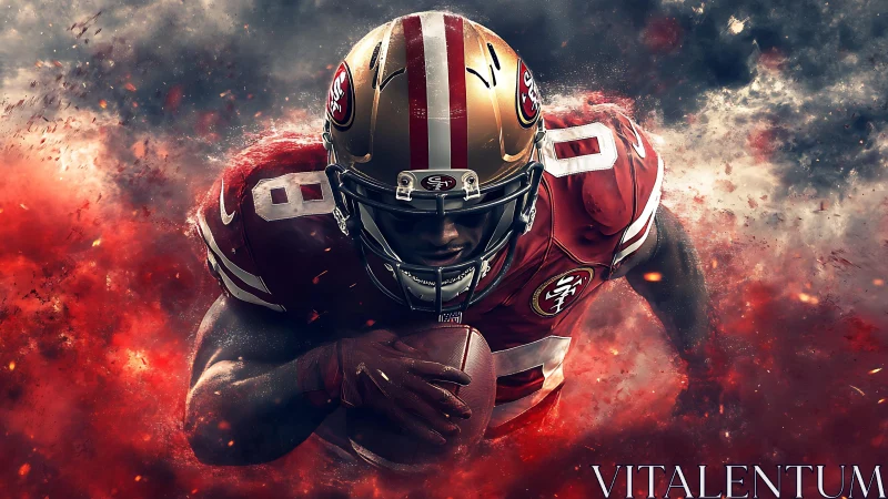 Dynamic gridiron runner in mid-dive with explosive particle effects