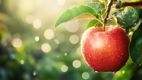 Ripe red apple hangs in soft sunlight with dewy glow.